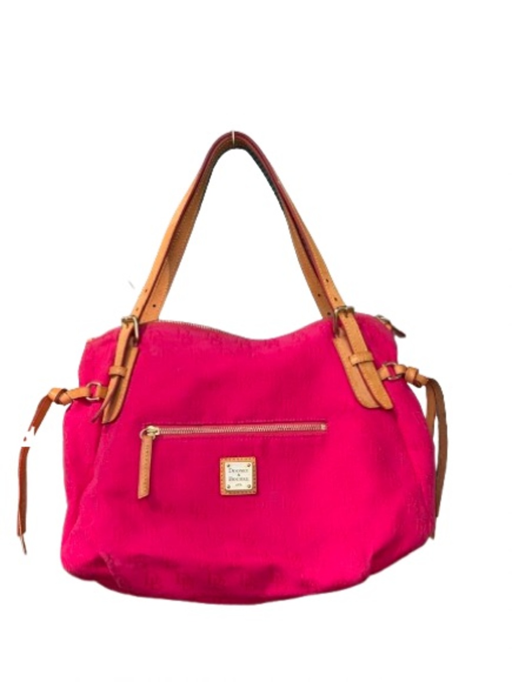 Vintage Dooney & Bourke Bright Pink Monogramed Shoulder Tote w/Tan Leather Trim